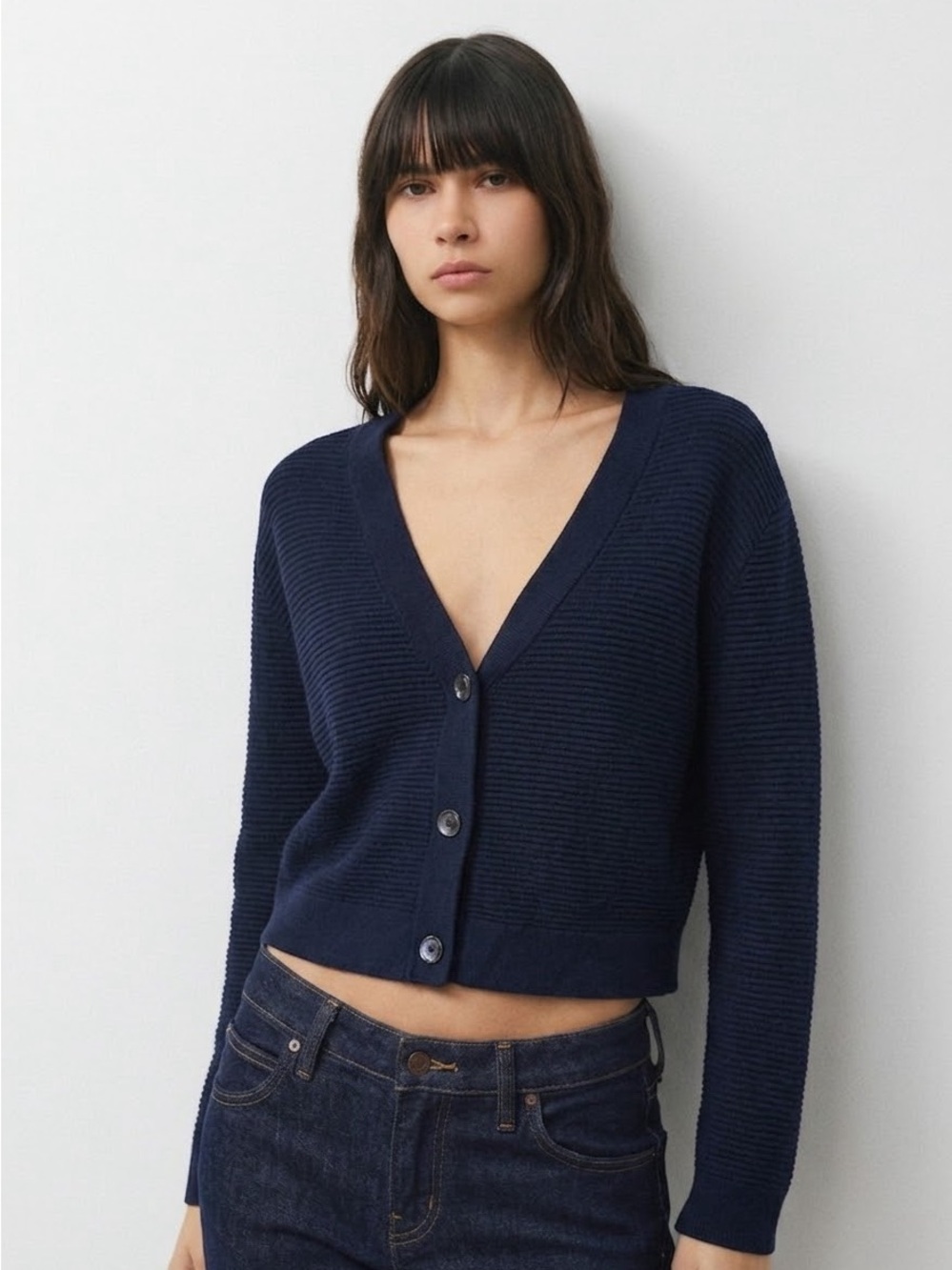 WILFRED Women's Light Cropped Linen-blend Cardigan - Navy Blue, Small
